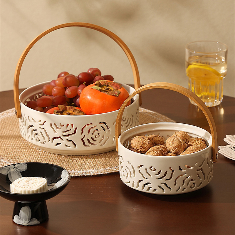 Snacks Food Gift Baskets - Ceramic Hollow Basket Fruit Plate Living
